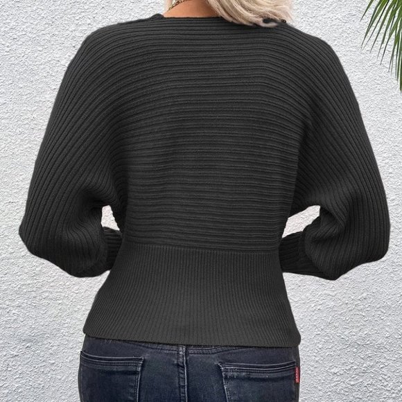 Black Sexy Womens Contrast Lace Cold Shoulder Dolman Sleeve Sweater - Picture 2 of 5